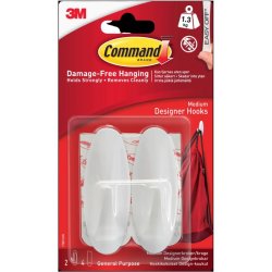 3M Command - 2 mellem hvide kroge med 4 mellem strips