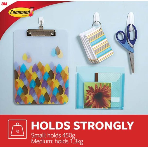 3M Command - 2 mellem hvide kroge med 4 mellem strips
