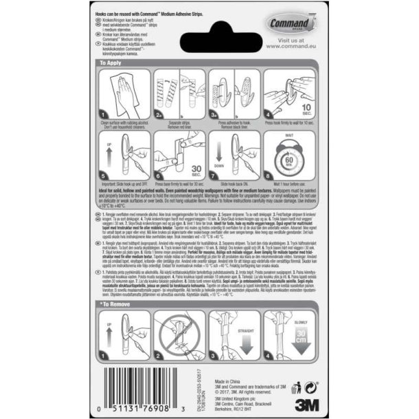 3M Command - 2 mellem hvide kroge med 4 mellem strips