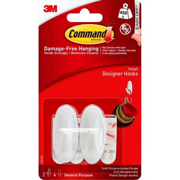 3M Command - 2 sm hvide kroge med 4 sm strips
