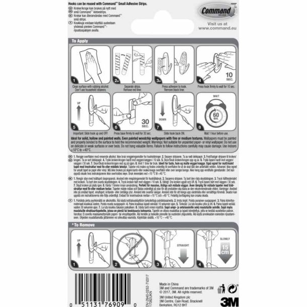 3M Command - 2 sm hvide kroge med 4 sm strips