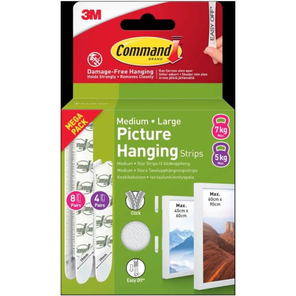 3M Command Poster strips - 12 st mellem og store hvide plakatstrips