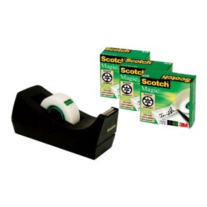 3M Scotch bord tapedispenser C38 og Magic tape - 3 ruller 19 mm usynlig tape