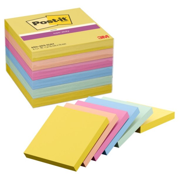 3M Post-it super Sticky Notes 76x76 - Summer Sorbet - 90 blade pr. blok - 6 blokke