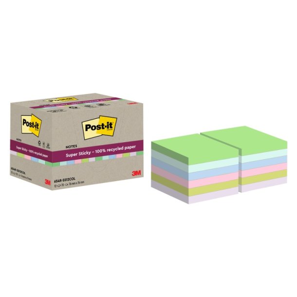 3M Post-it super Sticky Notes 76x76 - Mix farver (Recycled) - 70 blade pr. blok - 12 blokke