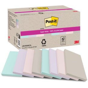 3M Post-it super Sticky Notes 127x76 - Mix farver (Recycled) - 70 blade pr. blok - 8 blokke