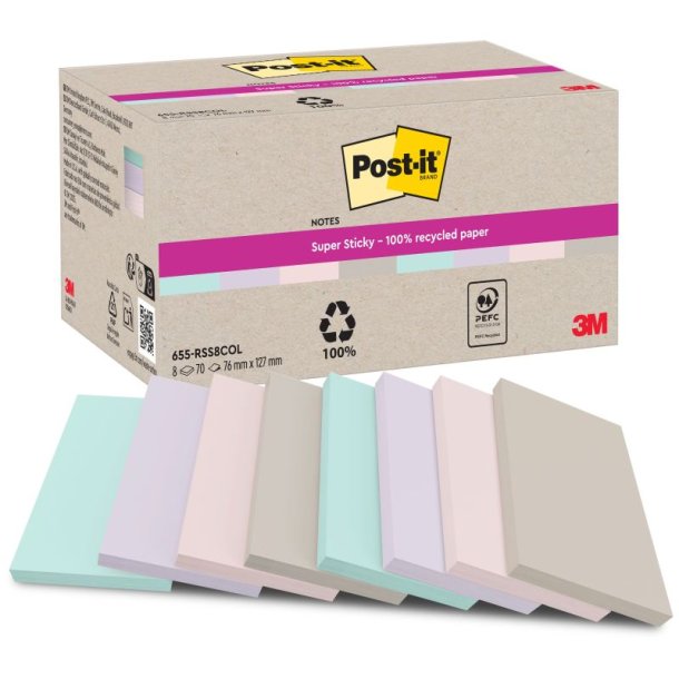 3M Post-it super Sticky Notes 127x76 - Mix farver (Recycled) - 70 blade pr. blok - 8 blokke