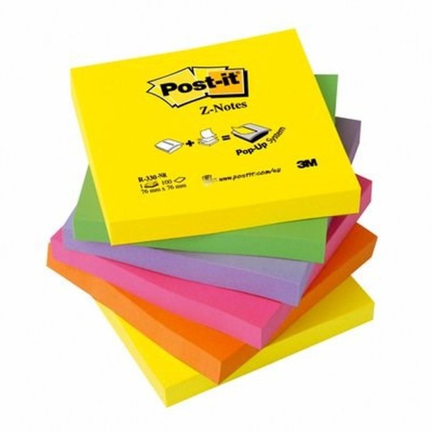 3M Post-it Z-Notes 76x76 - Neon Rainbow - 100 blade pr. blok - 6 blokke