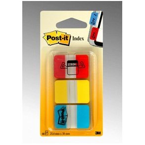3M Post-it Indexfaner - 25,4x38,1 - Strong - 66 stk. Index pr. pakke - 3 farver - 22 stk. pr. farve