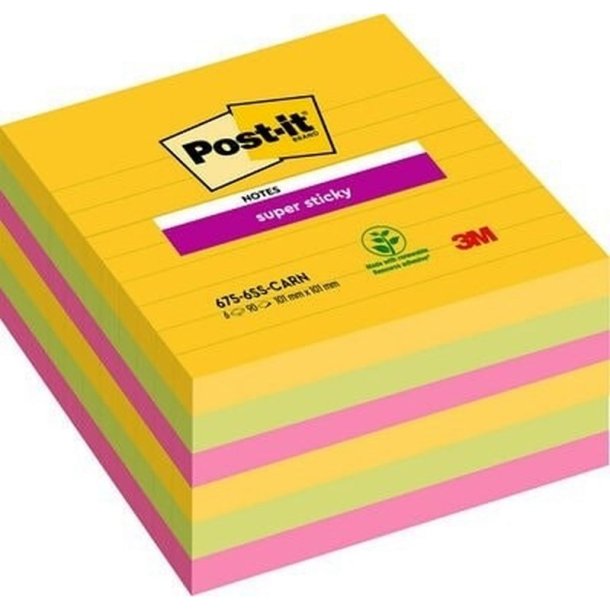 3M Post-it super Sticky notes - 101x101 - linieret - Rio de Janeiro - 3 farver - 6 stk.