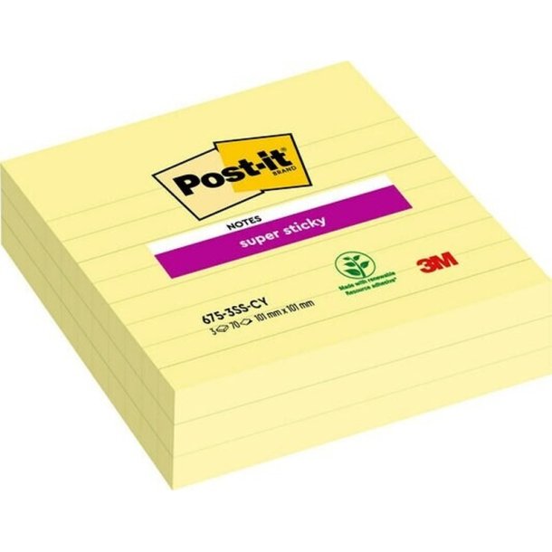 3M Post-it Z-Notes Super Sticky - 101x101mm - linieret - gul - 90 blade pr. blok - 5 stk.