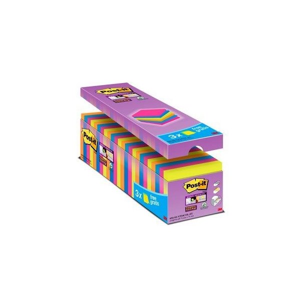 3M Post-it super Sticky notes - 76x76 - V-pack - 4 farver - 90 blade Pr. blok - 24 stk.