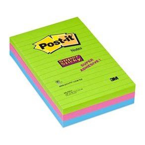 3M Post-it super Sticky notes - 102x152 - linieret - 3 farver - 90 blade Pr. blok - 3 stk.