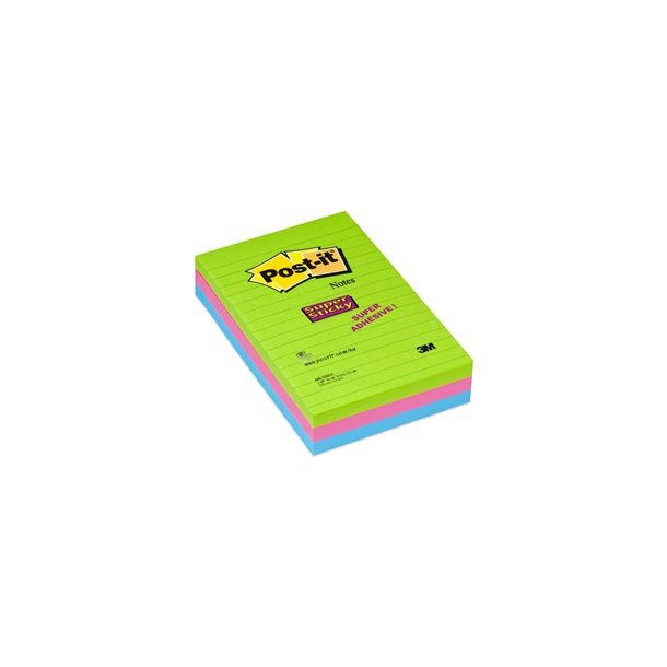 3M Post-it super Sticky notes - 102x152 - linieret - 3 farver - 90 blade Pr. blok - 3 stk.