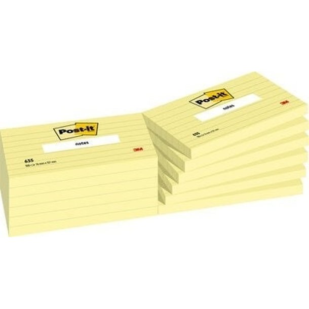 3M Post-it Notes - 76x127 - linieret - gul - 100 blade pr. blok - 12 stk.