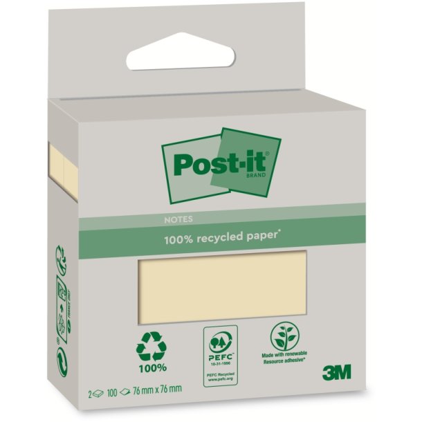 3M Post-it Notes - 76x76 - Canary - Gul - Recycled - 100 blade pr. blok - 2 stk.