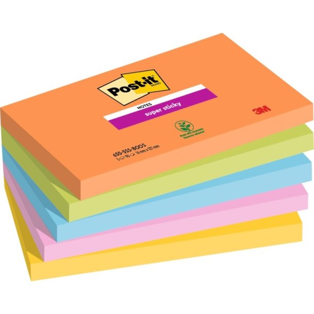 3M Post-it super Sticky notes - 76x127 - Boost - 5 farver - 90 blade pr. blok - 5 stk.