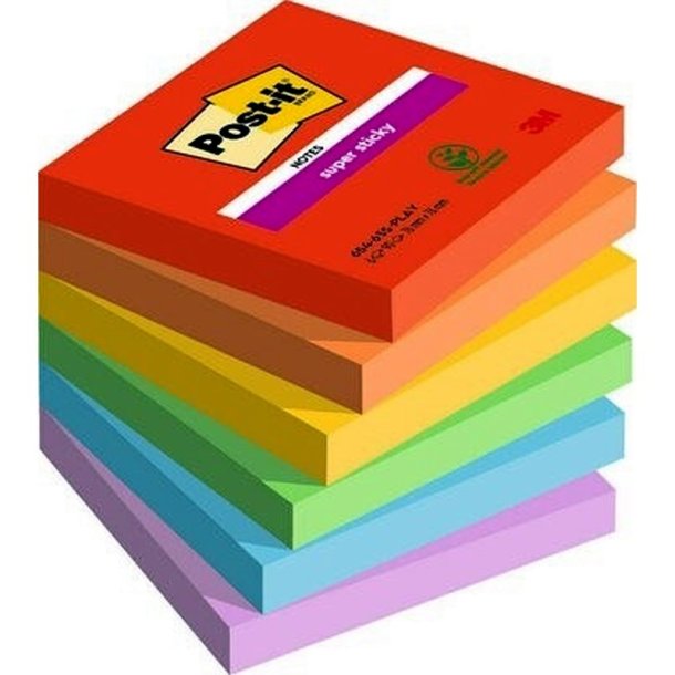 3M Post-it super Sticky notes - 76x76 - Playful - 6 farver - 90 blade pr. blok - 6 stk.