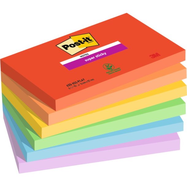 3M Post-it super Sticky notes - 76x127 - Playful - 6 farver - 90 blade pr. blok - 6 stk.