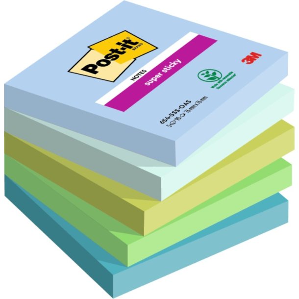 3M Post-it super Sticky notes - 76x76 - Oasis - 5 farver - 90 blade pr. blok - 5 stk.