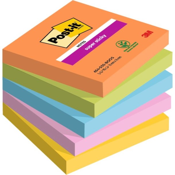 3M Post-it super Sticky notes - 76x76 - Boost - 5 farver - 90 blade pr. blok - 5 stk.