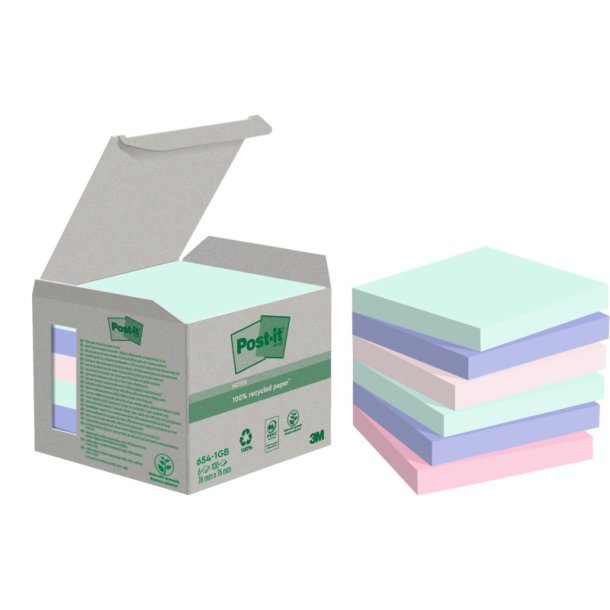 3M Post-it notes - Recycled - 76x76 - 4 farver - 100 blade pr. blok - 6 stk.