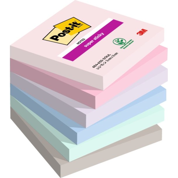 3M Post-it super Sticky notes - 76x76 - Soulful - 5 farver - 90 blade pr. blok - 6 stk.