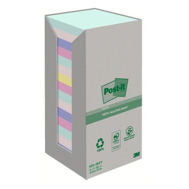 3M Post-it notes - Recycled - 76x76 - 4 farver - 100 blade pr. blok - 16 stk.