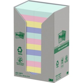 3M Post-it notes - 38x51 - 4 farver - recycled - 100 blade pr. blok - 24 stk.