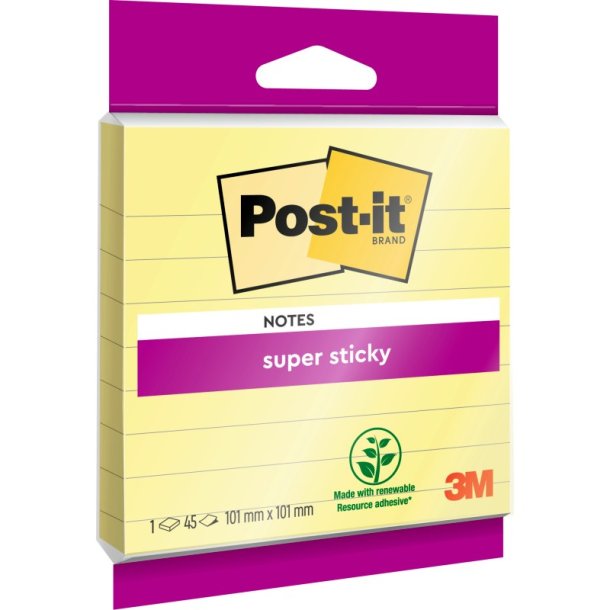 3M Post-it super Sticky notes - 101x101 - linieret - gul - 45 blade pr. blok - 1 stk.