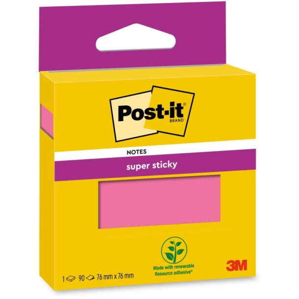 3M Post-it super Sticky notes - 76x76 - Pink - 90 blade pr. blok - 1 stk.