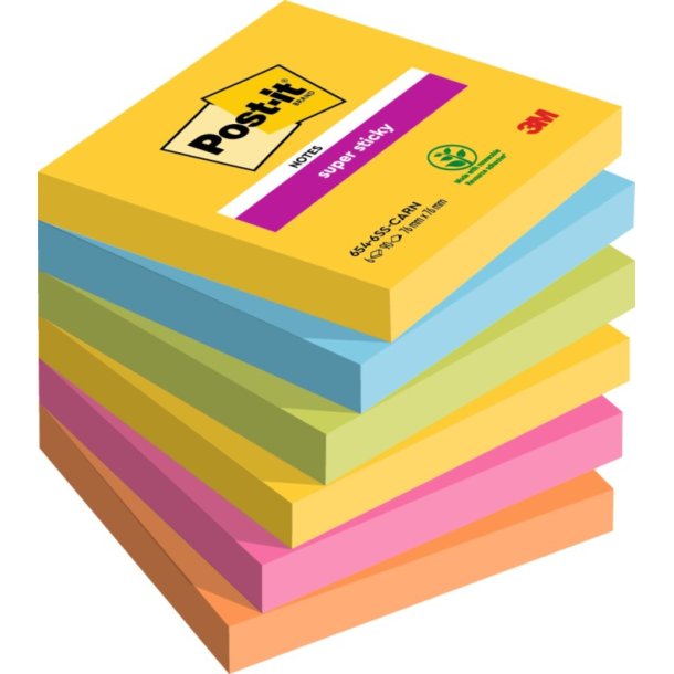 3M Post-it super Sticky notes - 76x76 - Carnival - 5 farver - 90 blade pr. blok - 6 stk.