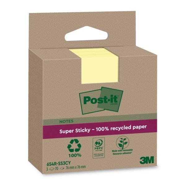 3M Post-it super Sticky notes - 76x76 - Canary -gul - Recycled - 3 stk.