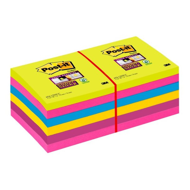 3M Post-it super Sticky notes -76x76 - Rainbow - 90 blade pr. blok. 12 stk.