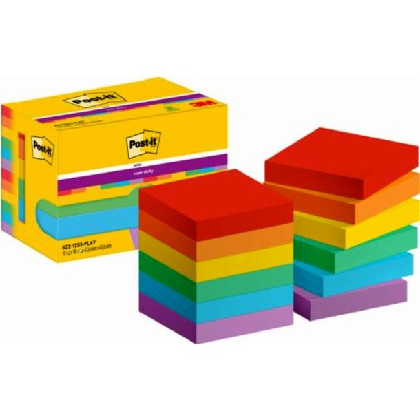 3M Post-it super Sticky notes - 47,6x47,6 - Playful - 6 farver - 90 blade pr. blok - 12 stk.