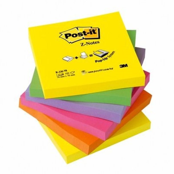 3M Post-it Z-Notes - 76x76 - neon Rainbow - 4 farver - 100 blade Pr. blok - 6 stk.