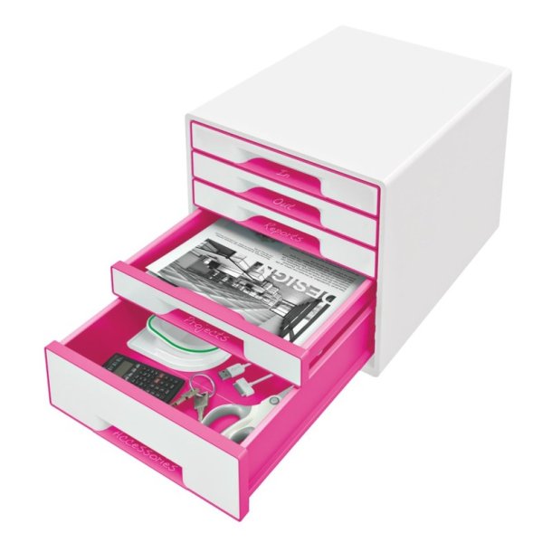 Leitz Skuffekabinet A4 Desk Cube - 5 skuffer - WOW hvid med pink