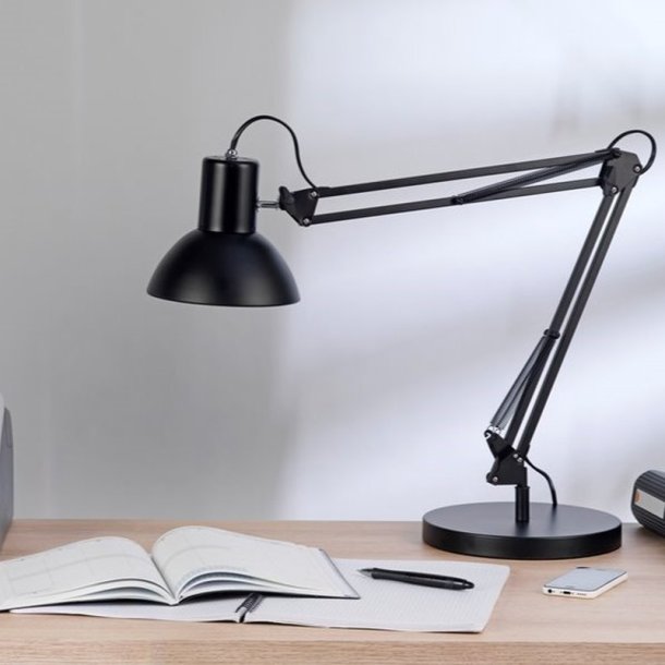 Unilux arkitektlampe Success - Sort 66cm kontorlampe - Drejelig dobbeltleddet arm