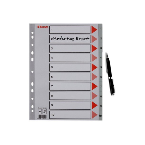 Esselte A4 Register - Kraftig pp - 1-10 - med pile-design - gr