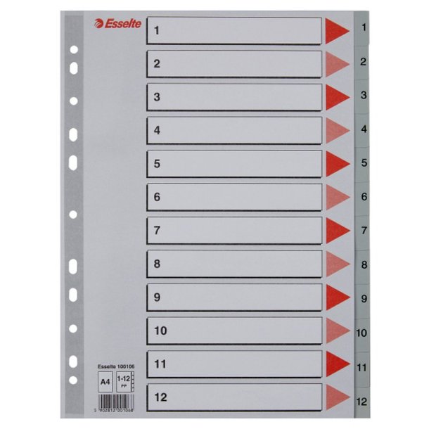 Esselte A4 Register - Kraftig pp - 1-12 - med pile-design - gr
