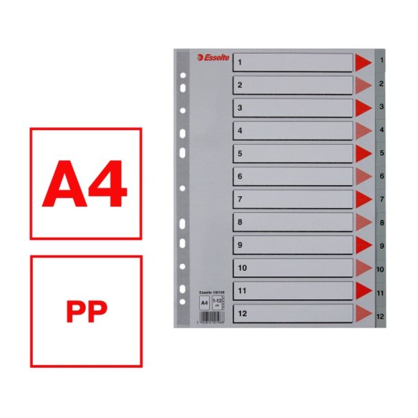 Esselte A4 Register - Kraftig pp - 1-12 - med pile-design - gr