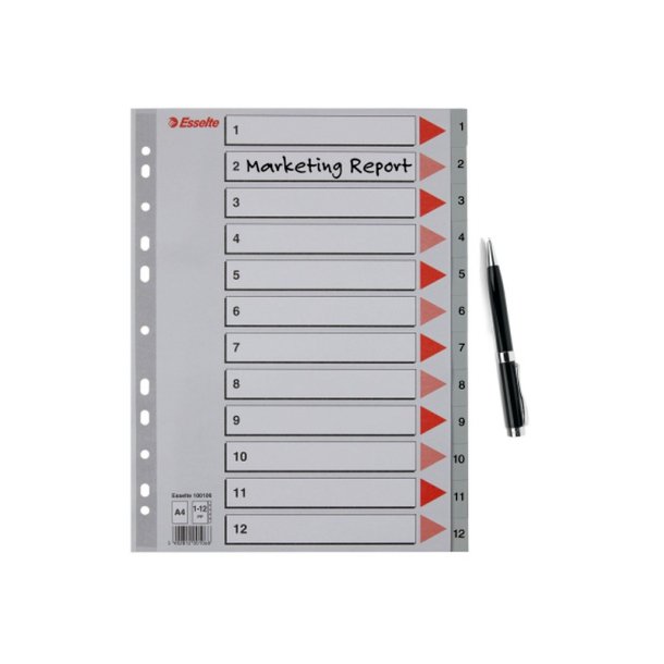 Esselte A4 Register - Kraftig pp - 1-12 - med pile-design - gr