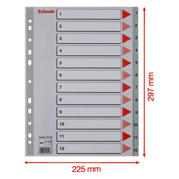 Esselte A4 Register - Kraftig pp - 1-12 - med pile-design - gr