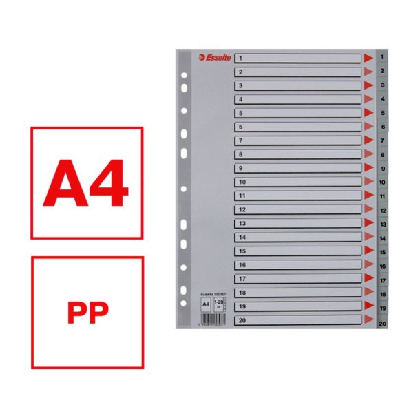 Esselte A4 Register - Kraftig pp - 1-20 - med pile-design - gr