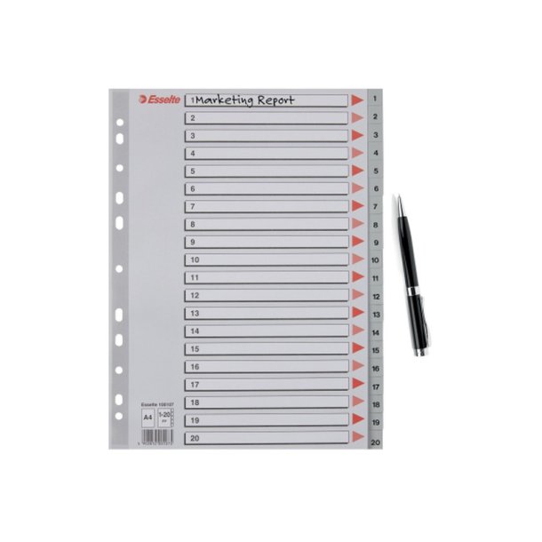 Esselte A4 Register - Kraftig pp - 1-20 - med pile-design - gr