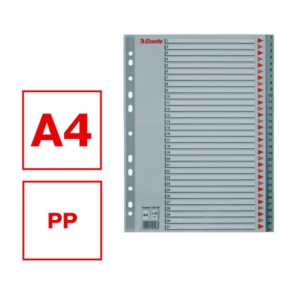 Esselte A4 Register - Kraftig pp - 1-31 - med pile-design - gr