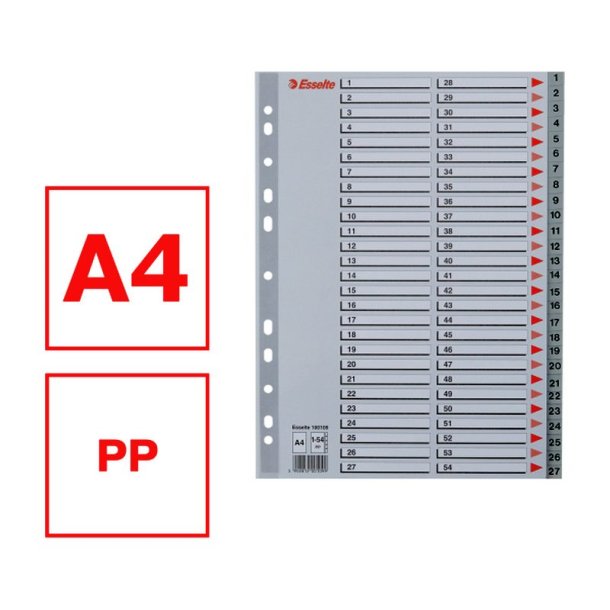 Esselte A4 Register - Kraftig pp - 1-54 - med pile-design - gr