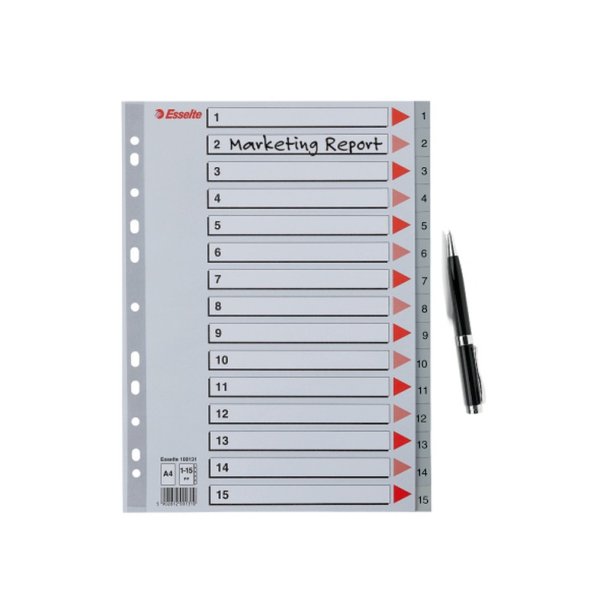 Esselte A4 Register - Kraftig pp - 1-15 - med pile-design - gr