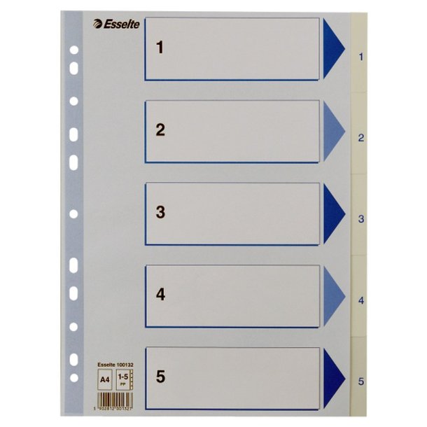 Esselte A4 Register - Kraftig pp - 1-5 - med pile-design - hvid