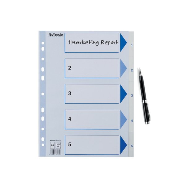 Esselte A4 Register - Kraftig pp - 1-5 - med pile-design - hvid